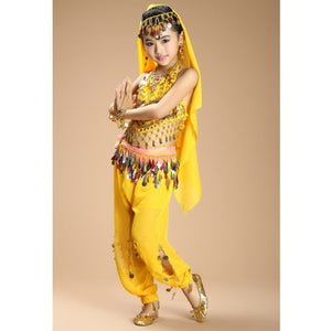 Hot sale kids belly dance 4pcs(top+pants+waist chain+veil) indian clothes rose/red/yellow girls belly dance costume 3306