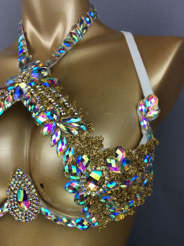 Samba Carnival Rave Festival Party Wire Bra Rainbow Stone