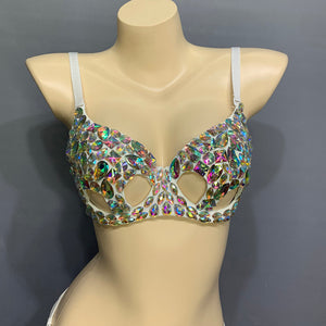 Women's Beaded Crystal Silver Belly Dance Costume Wear Bra+Panty+Hip Scarf 3pc Set Sexy Bellydancing Suit Bellydance Clothes N21011
