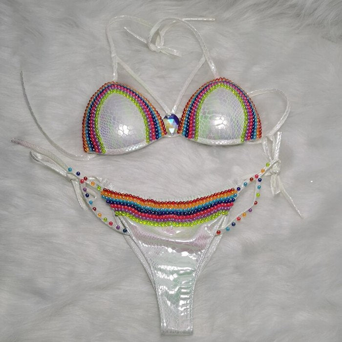 New Sexy Beading Sequined Summer Swimsuit Women 2 Pieces Bikini Shiny Swimsuit Set Monokini Swimwear Beachwear Bathing Suit