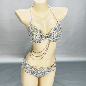 New Arrival Halloween Costume Adult Carnival Belly Dance Costumes Women Beaded Bra Belt Set Dance Clothes Night Club Dancewear  N21018