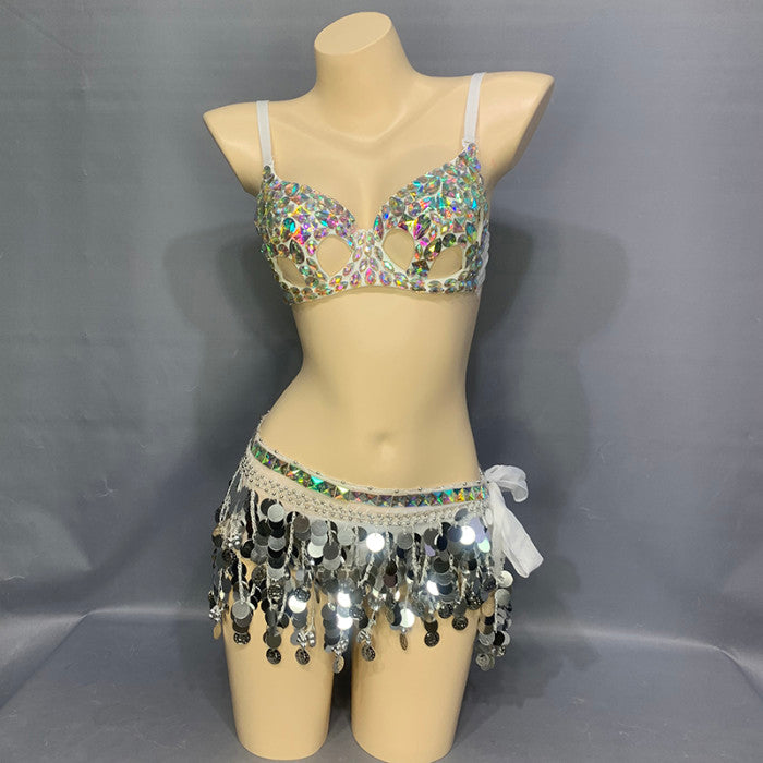Women's Beaded Crystal Silver Belly Dance Costume Wear Bra+Panty+Hip Scarf 3pc Set Sexy Bellydancing Suit Bellydance Clothes N21011