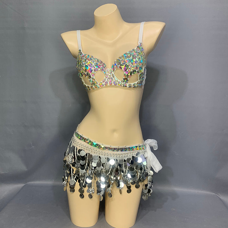 Women's Beaded Crystal Silver Belly Dance Costume Wear Bra+Panty+Hip Scarf 3pc Set Sexy Bellydancing Suit Bellydance Clothes N21011