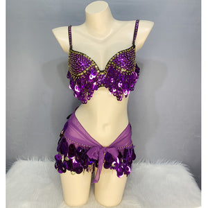 Cute Women Belly Dance Clothes Sequins Belly Dance Costume Set Bra Hip Scarf Wrap Panty Carnival Rave Performance Stage Costume N21013