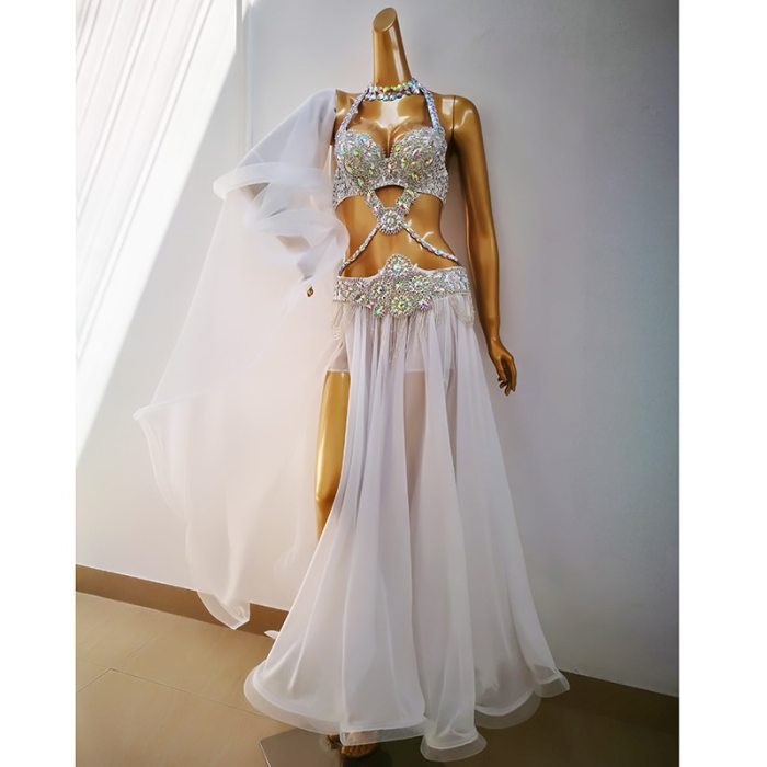 Top quality women belly dance suit bellydance Carnival costume Performance Outfit Bollywood Showgirl bellydance bra&belt&skirt TF1732 White + SK1905