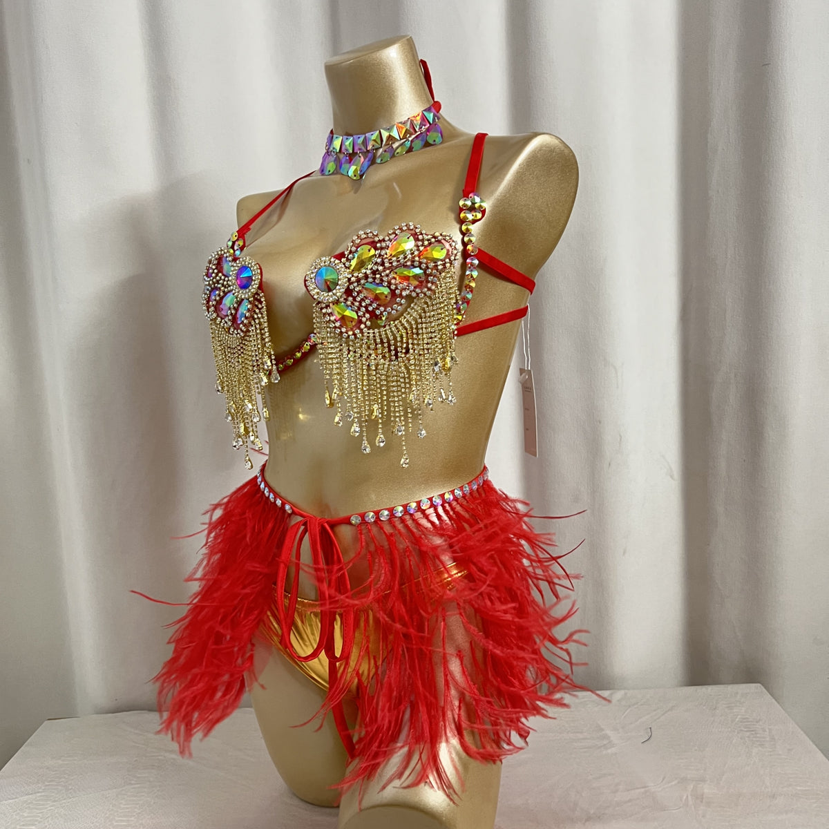 New Style Handmade Samba Carnival Wire Bra,Pants And Ostrich Feather Mini Skirt With Stones For EDC Festival Rave Carnival Red Color