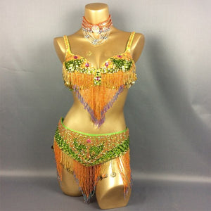 Hot selling belly dance New-Style Sexy handmade beaded 2 piece costumes 5 COLOR TF1401