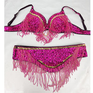 New Stage & Dance Wear Performance Women Sequin Beaded Bra Belt Bellydance Suit 3pc Professional Outfit Belly Dance Costume Set  TF2561