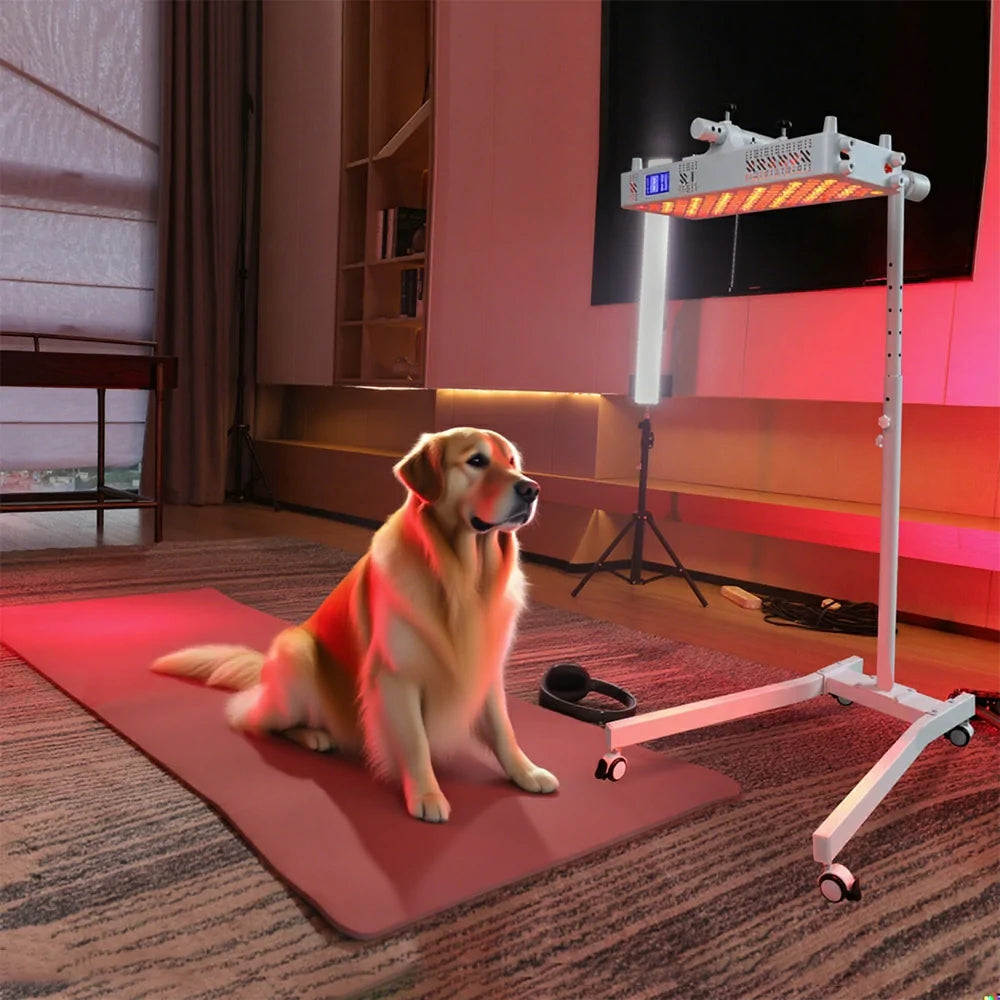RL120MAX red light therapy panel shown with a pet