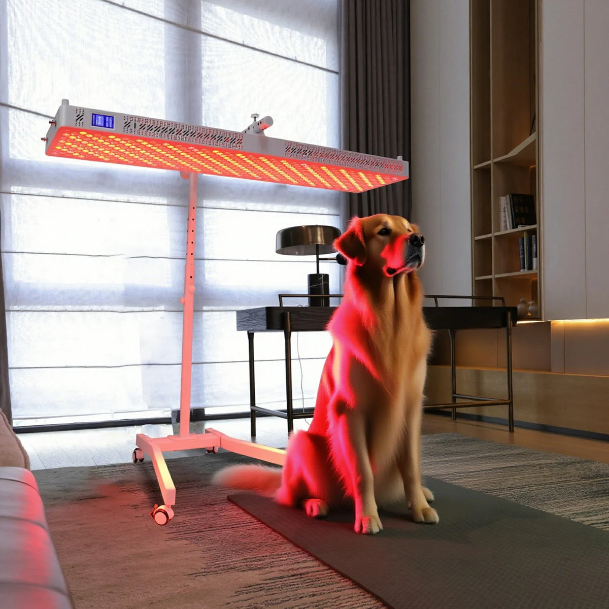 RL450MAX red light therapy panel shown with a pet