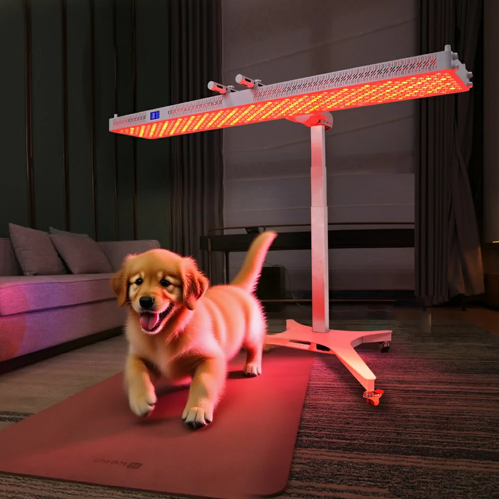 RL600MAX red light therapy panel shown with a pet