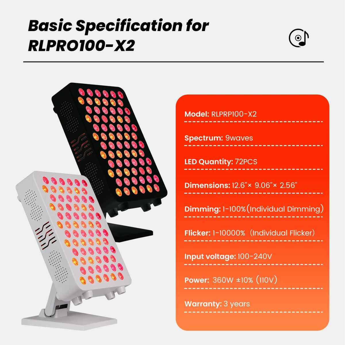 RLPRO100-X2 portable red light therapy panel specification chart