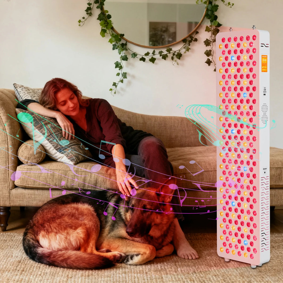 RLPRO300-X2 red light therapy panel shown with a pet