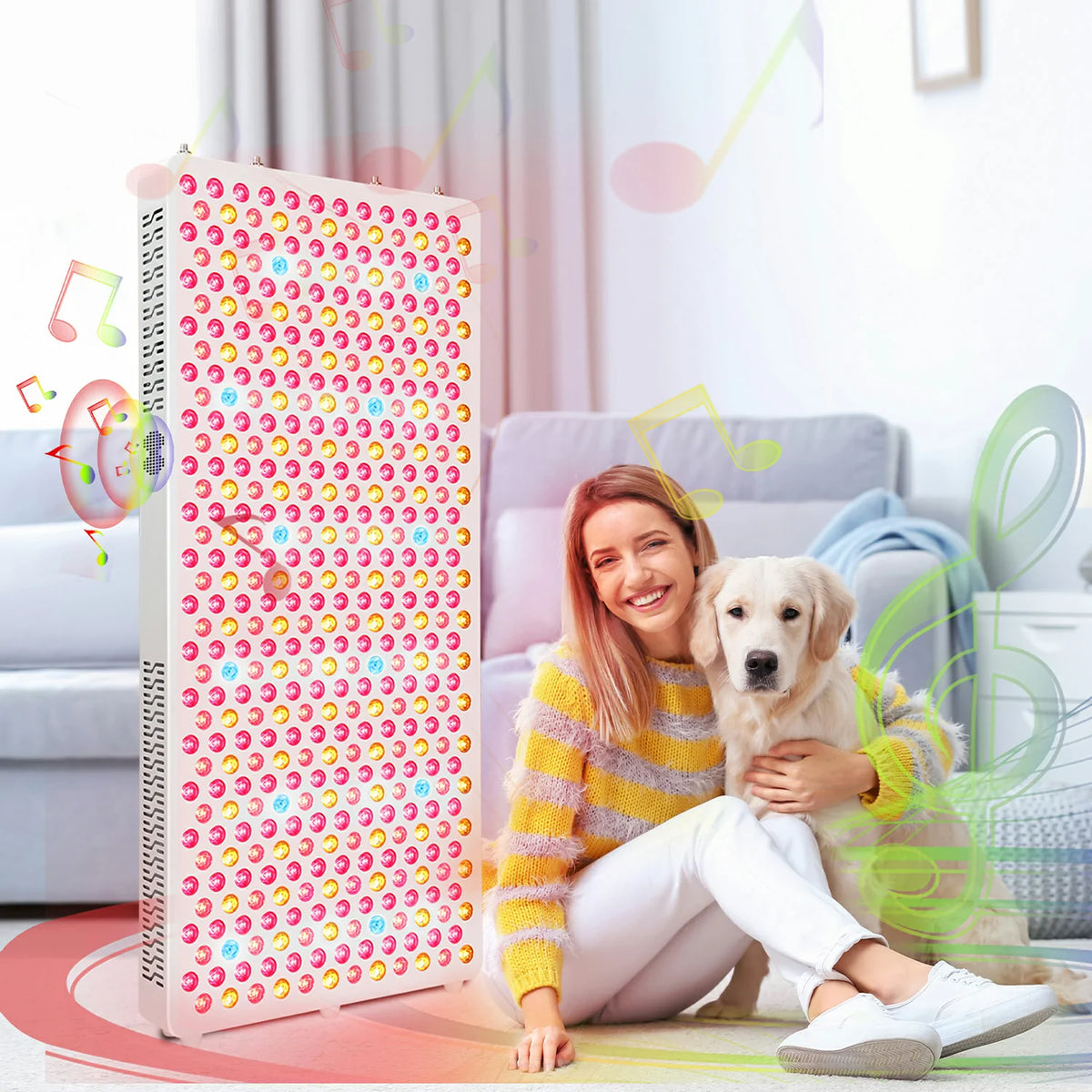 RLPRO600-X2 red light therapy panel shown with a pet