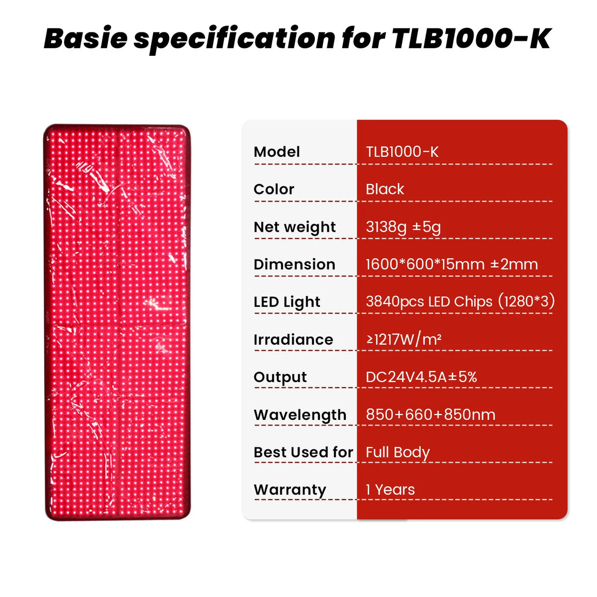 TLB1000-K red light therapy blanket specification chart