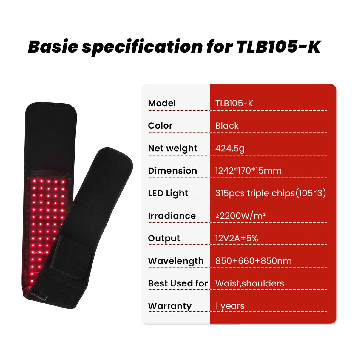 TLB105-K red light therapy belt specification chart