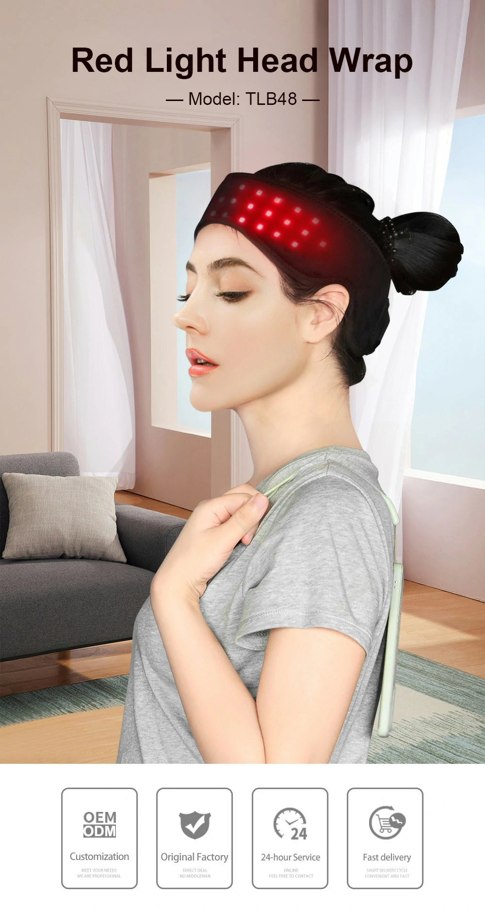 Person using the TLB48 red light therapy head wrap