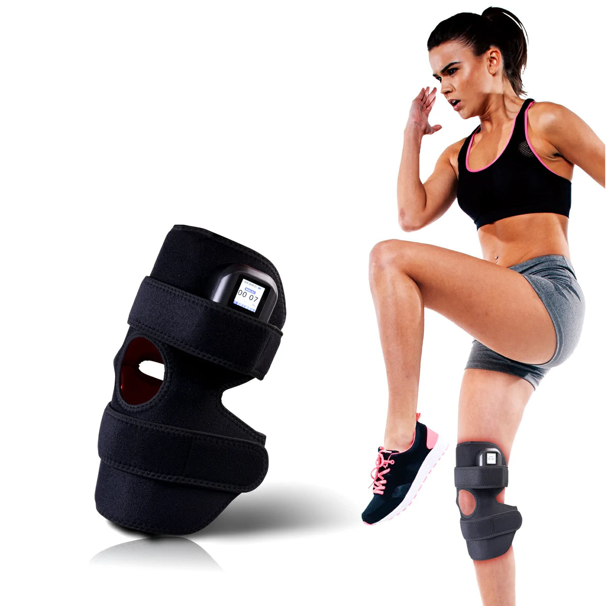 Person using the TLB60-C4 red light therapy knee wrap