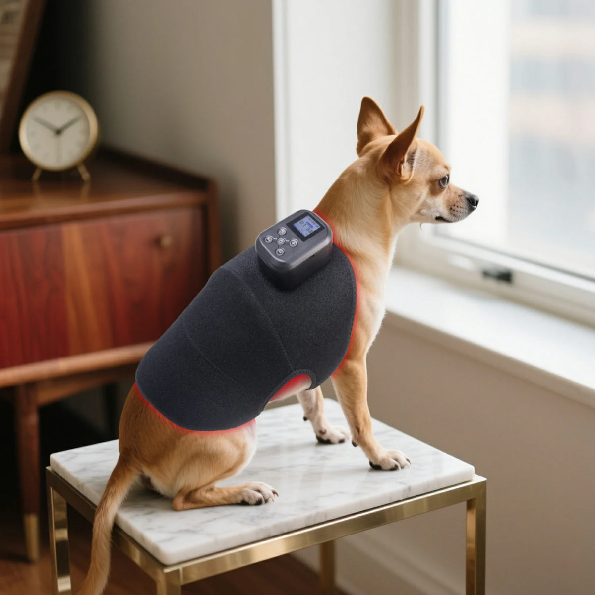 TLB60-F4 red light therapy knee wrap shown with a pet