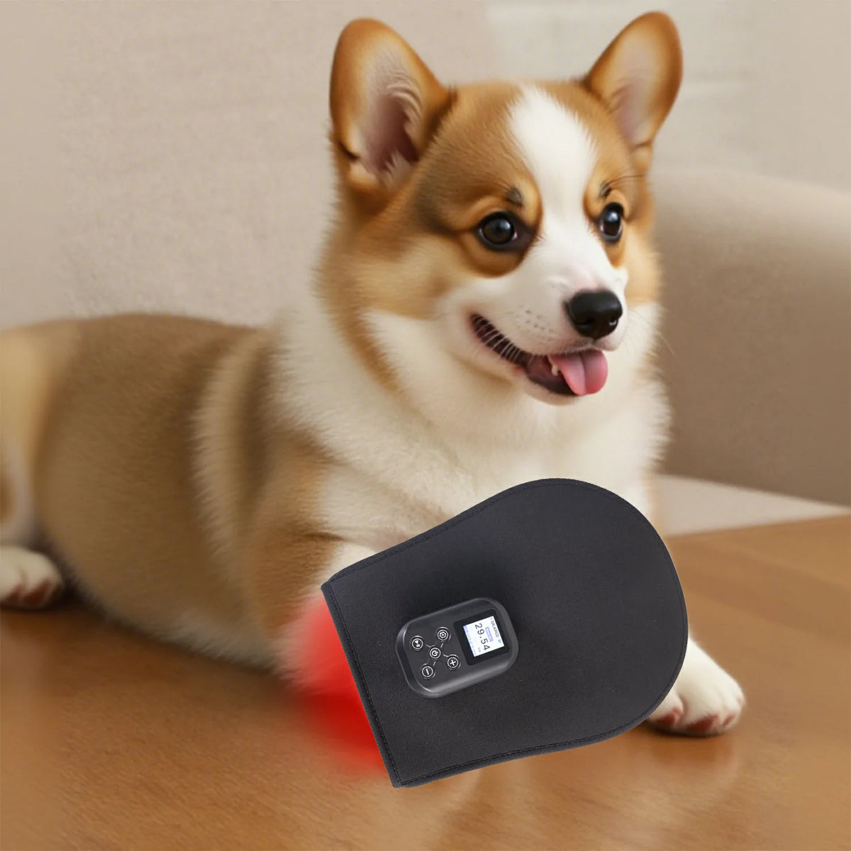 TLH200-C4 red light therapy gloves shown with a pet