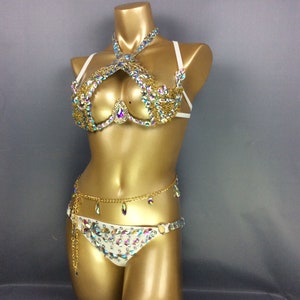 Rhinestone Bra and Panty Set, Women's White & Gold Crystal Embellished Halter Top & Bikini Bottom with Chain, Latin Dancewear