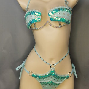 Women's Aqua Sequin & Pearl Beaded Halter Bikini Set with Rhinestone Accents, Belly Dance/Burlesque