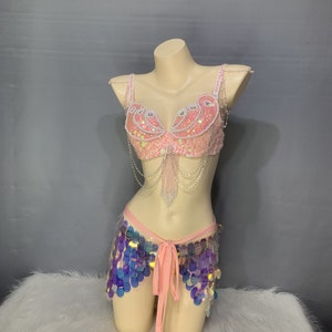 Belly Dance Costume, Women's Pink Sequin Beaded Bra, Iridescent Sequin Hip Scarf, Belly Dance