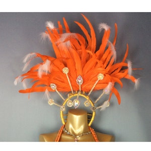 Carnival Samba Dance Costume Women's Orange Beaded Fringe Sequin Halter Bra and Skirt Set with Feather Headpiece