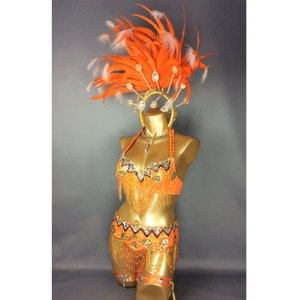 Carnival Samba Dance Costume Women's Orange Beaded Fringe Sequin Halter Bra and Skirt Set with Feather Headpiece