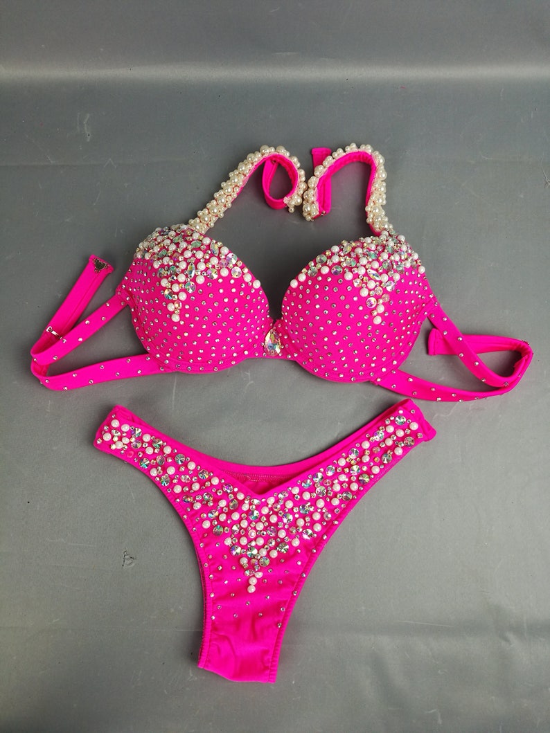 Women's Hot Pink Crystal & Pearl Embellished Halter Bikini Set, Competition Dancewear