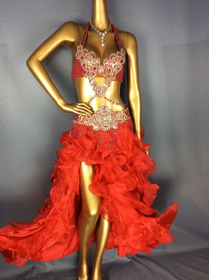Women's Red Beaded Halter Top Ruffled Skirt Belly Dance Costume