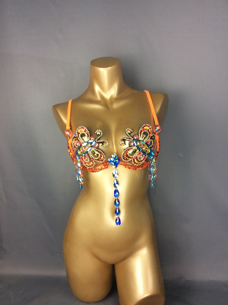 Rhinestone Butterfly Embellished Orange Sequin Dance Bra Top