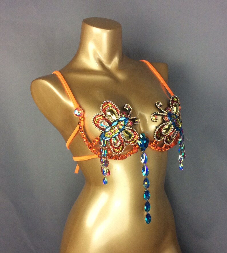 Rhinestone Butterfly Embellished Orange Sequin Dance Bra Top