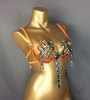 Rhinestone Butterfly Embellished Orange Sequin Dance Bra Top