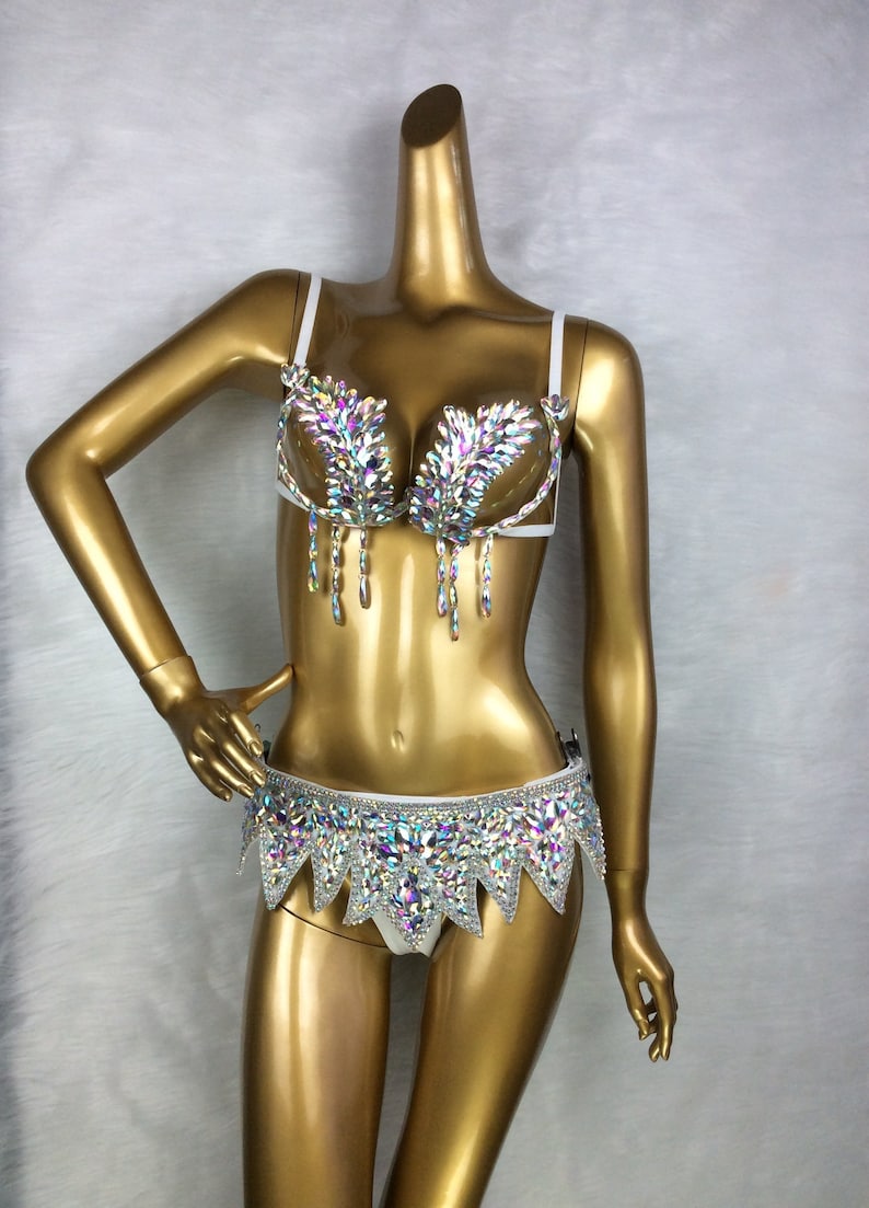 Dancewear Women's White Iridescent Crystal Rhinestone Bra and Skirt Set, Burlesque Dance