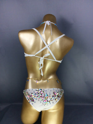 Rhinestone Bra and Panty Set, Women's White & Gold Crystal Embellished Halter Top & Bikini Bottom with Chain, Latin Dancewear