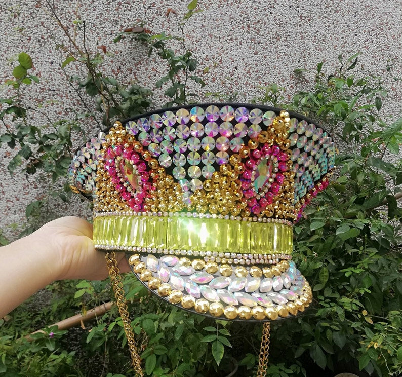 Unisex Iridescent Rhinestone Gold Pink Green Embellished Chain Detail Visor Hat, Rave Festival Dance Cap