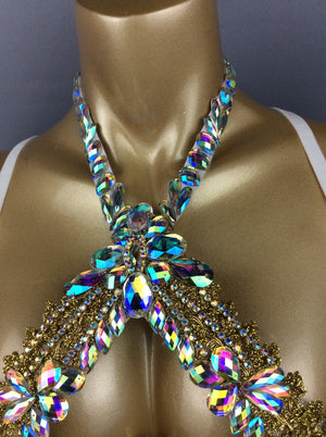 Rhinestone Bra and Panty Set, Women's White & Gold Crystal Embellished Halter Top & Bikini Bottom with Chain, Latin Dancewear
