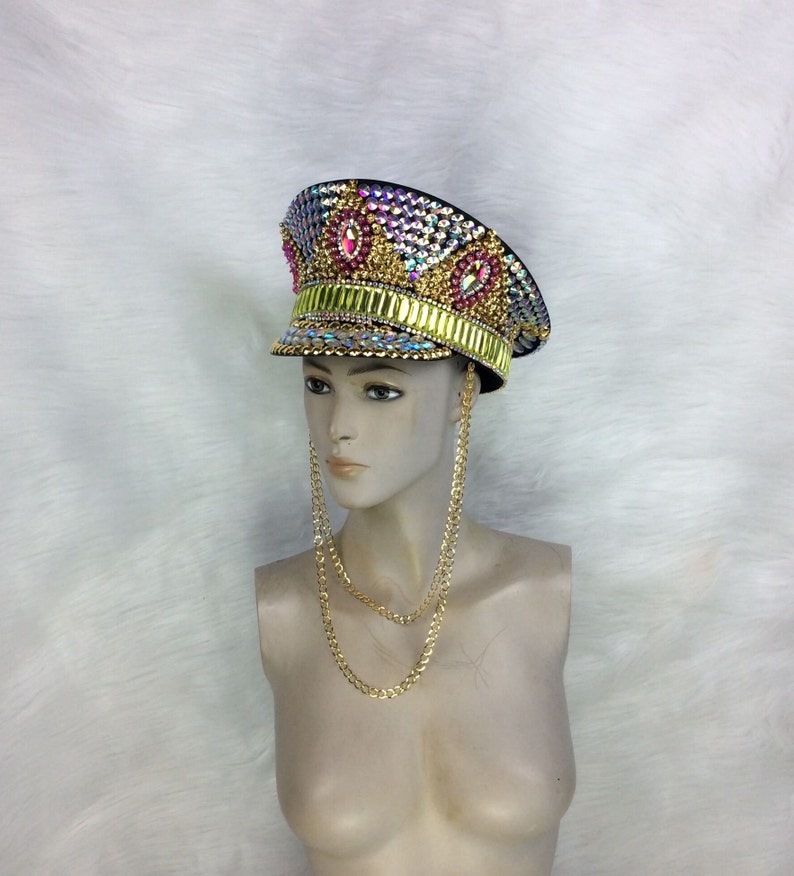 Unisex Iridescent Rhinestone Gold Pink Green Embellished Chain Detail Visor Hat, Rave Festival Dance Cap