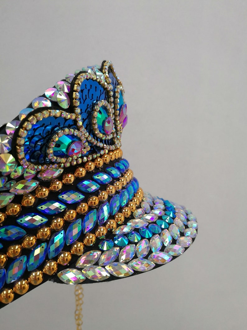Women's Blue Sequin & Iridescent Gem Embellished Captain Hat with Gold Chains, Festival Dance