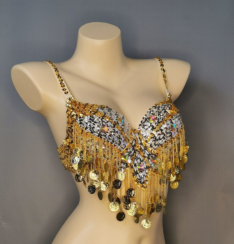 Belly Dance Bra and Belt Set, Women's Gold & Silver Sequin Coin Fringe, Tribal Dance Costume
