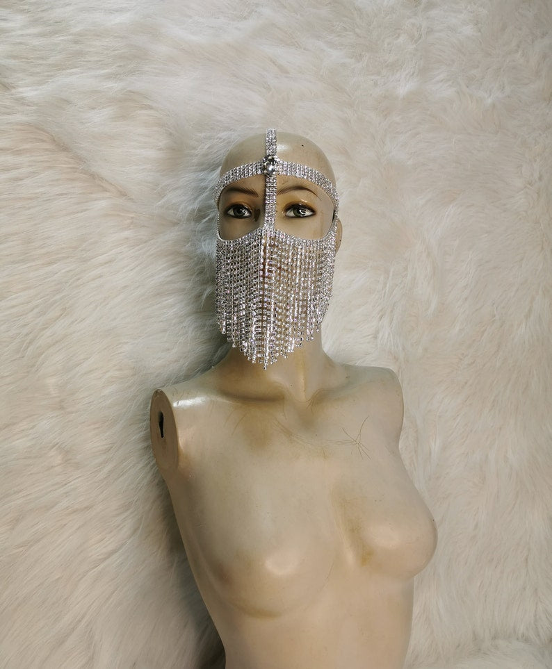 Women's Silver Rhinestone Fringe Face Mask Headpiece, Belly Dance