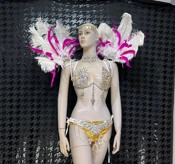 Carnival Dancewear Women's White & Gold Rhinestone & Feather Embellished Bikini Set with Headpiece & Shoulder Accents, Samba/Carnival Dance