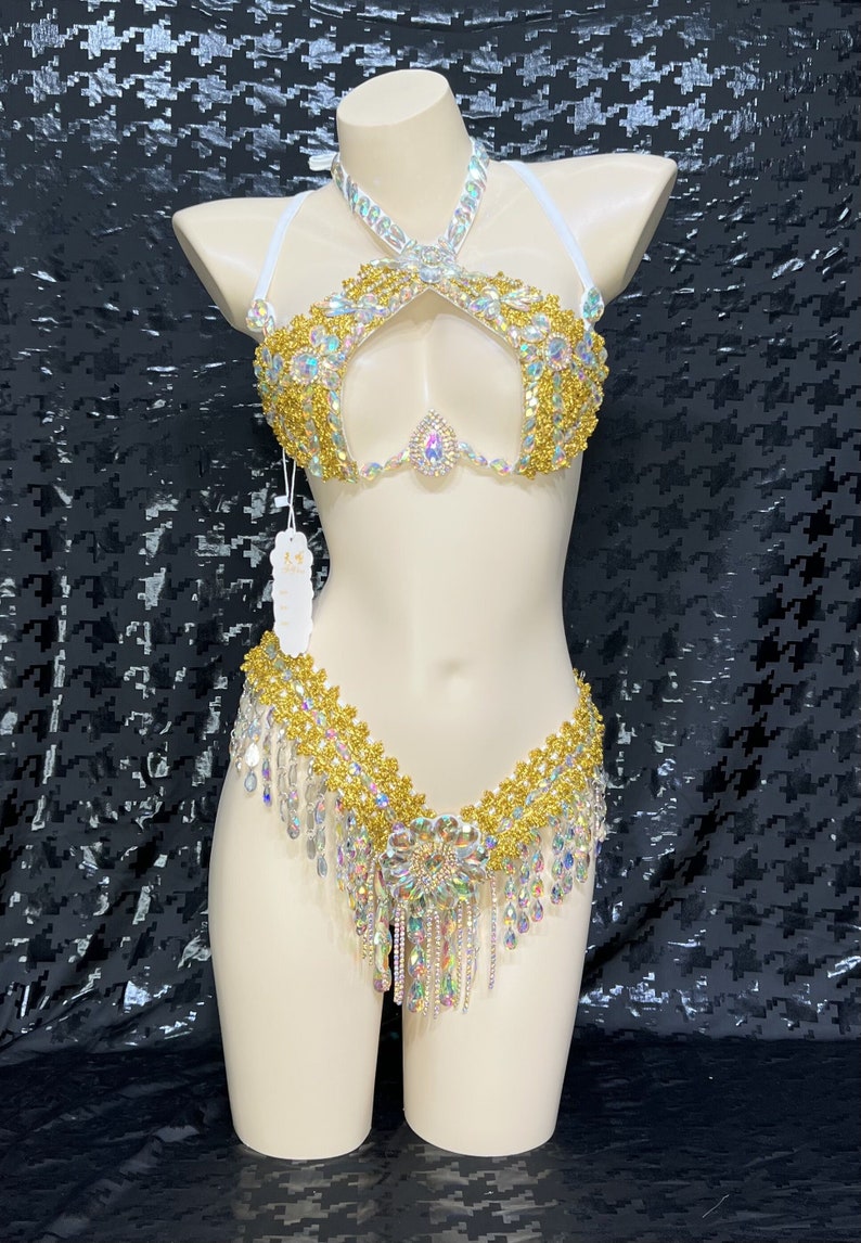Women's Gold & Iridescent Crystal Halter Top & Hip Scarf Set, Belly Dance Costume