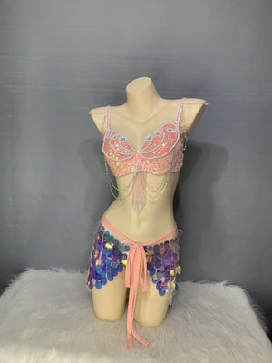 Belly Dance Costume, Women's Pink Sequin Beaded Bra, Iridescent Sequin Hip Scarf, Belly Dance