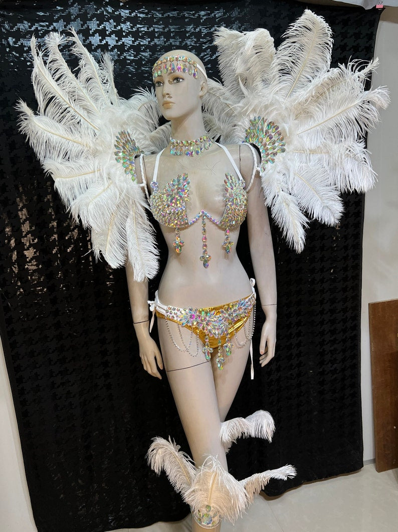 Women's White & Gold Rhinestone Feather Carnival Dance Costume