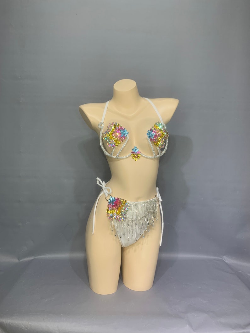 Rhinestone Fringe Two-Piece Set, Women's White Rainbow Crystal Embellished Halter Bra Top and High-Cut Bottom with Side Ties, Latin Dancewear