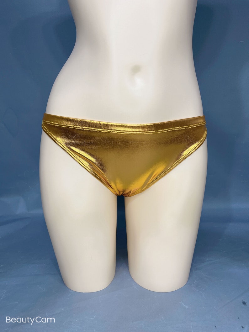 Dance Bottoms Women Gold Silver Metallic Ruched Sides High Cut Thong Bikini Bottoms for Pole Dance