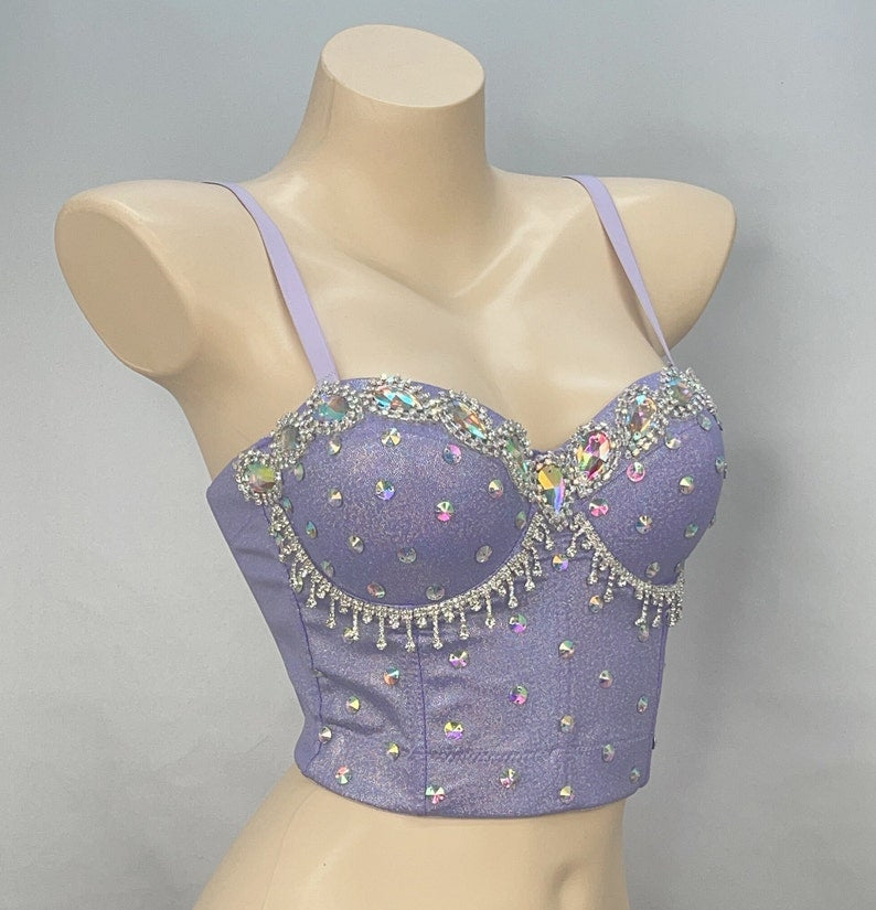 Dance Top Women's Lavender Sequin Rhinestone Embellished Strappy Corset