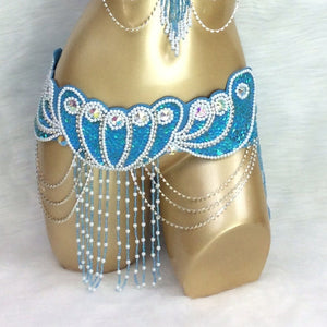 Belly Dance Hip Scarf, Women's White Sequin & Beaded Fringe Hip Belt, Gold Chain Draped Belly Dance Costume Accessory